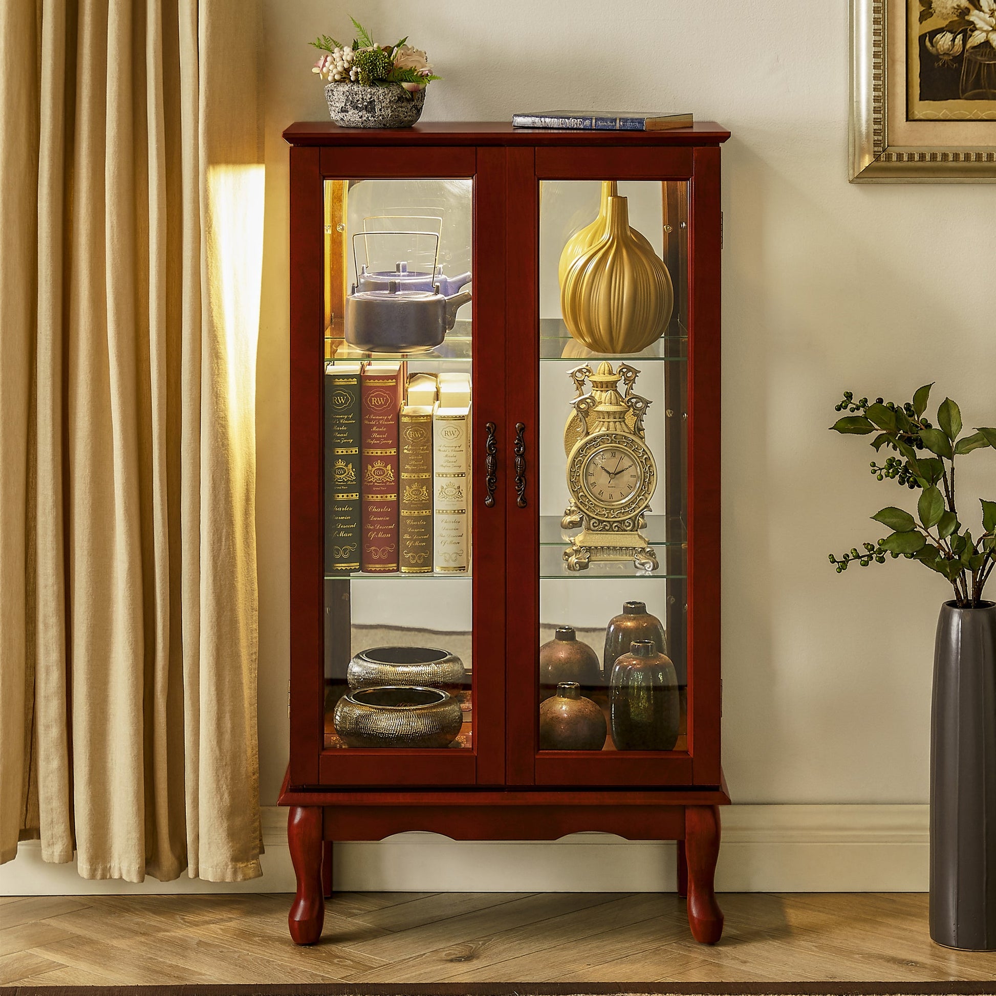 Curio Cabinet Lighted Curio Diapaly Cabinet with Adjustable Shelves and Mirrored Back Panel, Tempered Glass Doors (Cherry, 3 Tier), (E26 light bulb not included) SolidRoot Buy Furniture USA