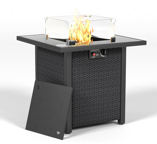 28 Inch Propane Fire Pit Table, Rattan & Wicker-Look, 50000 BTU Gas Firepits Tempered Glass Tabletop with Glass Windscreen Protector for Outside Patio and Garden(Coffee) Livingsource