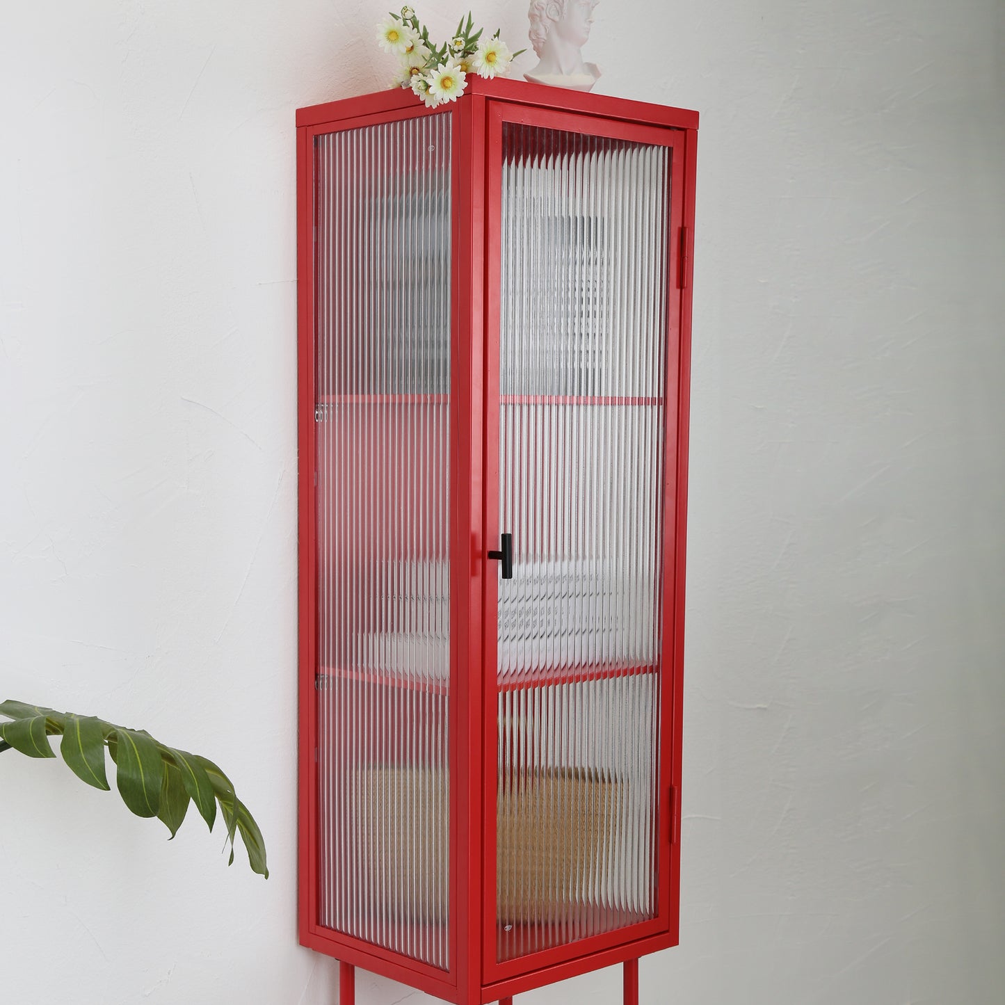 Retro Style Freestanding Metal Tall Display Cupboard with Glass Door and Three Detachable Shelves for Office, Living Room, Kitchen Console Sideboard,Bedside Entryway RED (OLD SKU:W68751719)