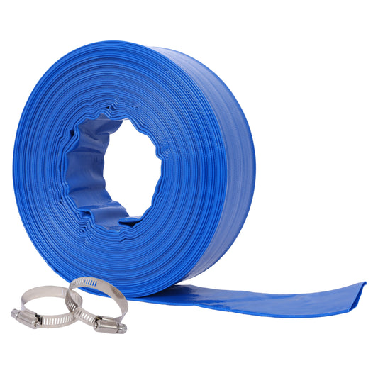 2'x100FT  Pool Backwash Hose, Blue Heavy Duty Reinforced PVC Lay Flat Water Discharge Hose for Swimming Pool Filter Pump,with 2 Clamp Livingsource
