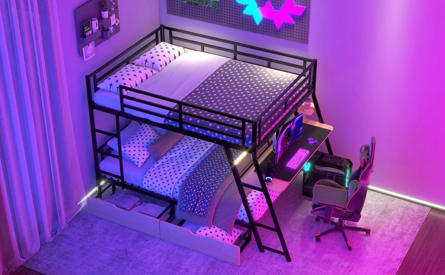 Full Size Metal Bunk Bed with Built-in Desk, Light and 2 Drawers, Black