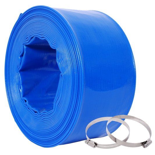 3'x50FtPool Backwash Hose, Blue Heavy Duty Reinforced PVC Lay Flat Water Discharge Hose for Swimming Pool Filter Pump,with 2 Clamp Livingsource