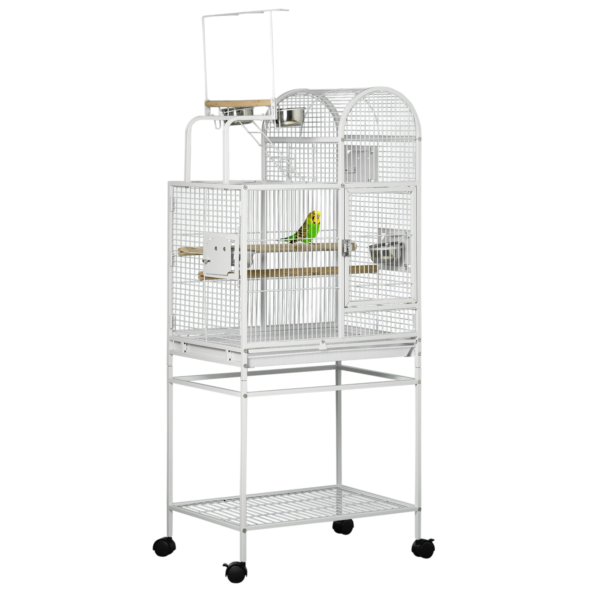 PawHut 55' Large Parrot Cage with Toy Hooks Above Top Bird Perch, Tray, Food Cups, Rolling Stand, Bird Cage for Cockatiels, Parakeets, Lovebirds SolidRoot Buy Furniture USA