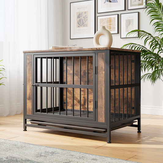 Dog Crate Furniture,  Wooden Dog Crate Table, 32.8' Dog Kennel with 2 Sliding Doors and Thick Iron Door Frame, Decorative Pet Crate House for Medium/Small Dog Indoor Use(Rustic Brown) SolidRoot Buy Furniture USA