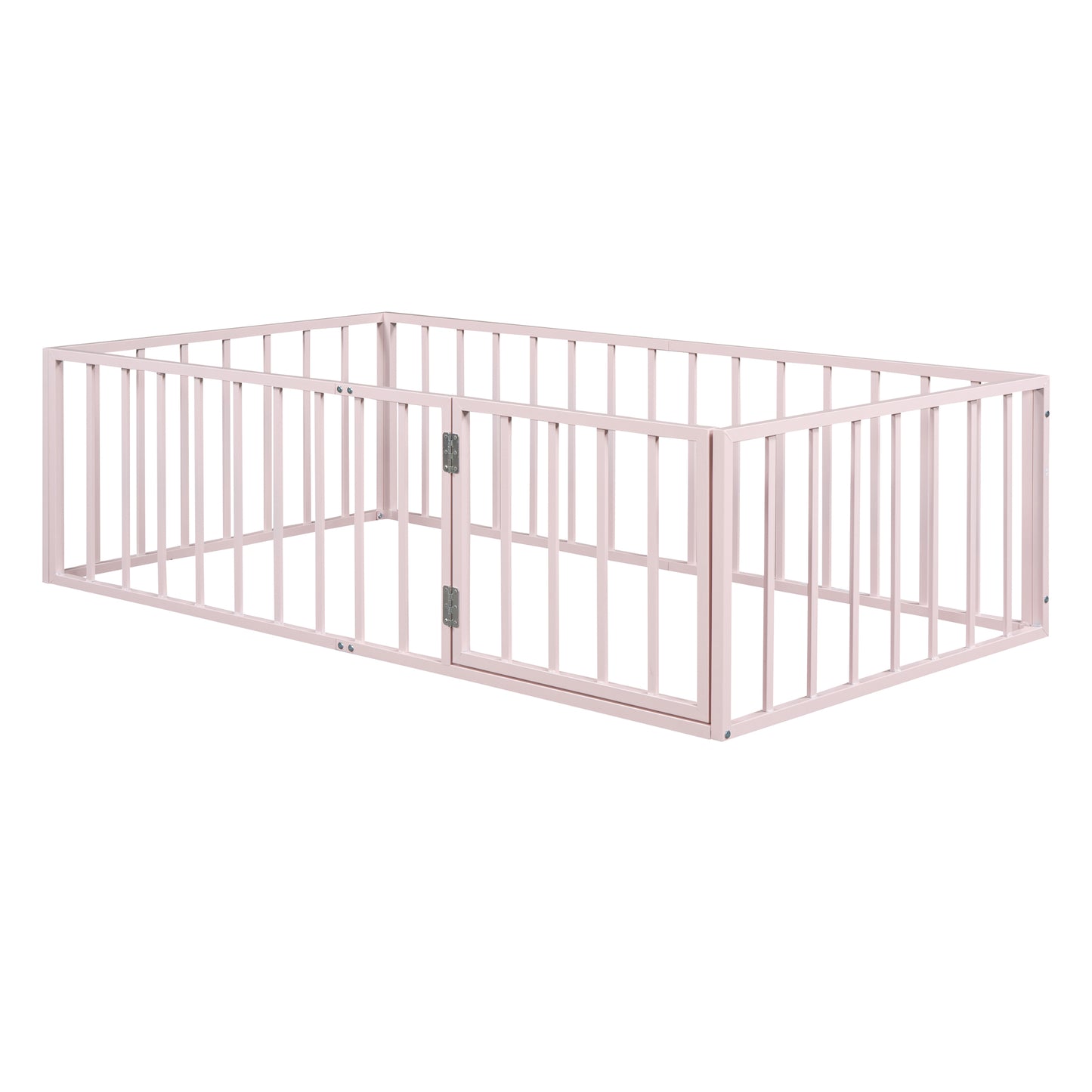 Twin Size Metal Floor Bed Frame with Fence and Door, Pink