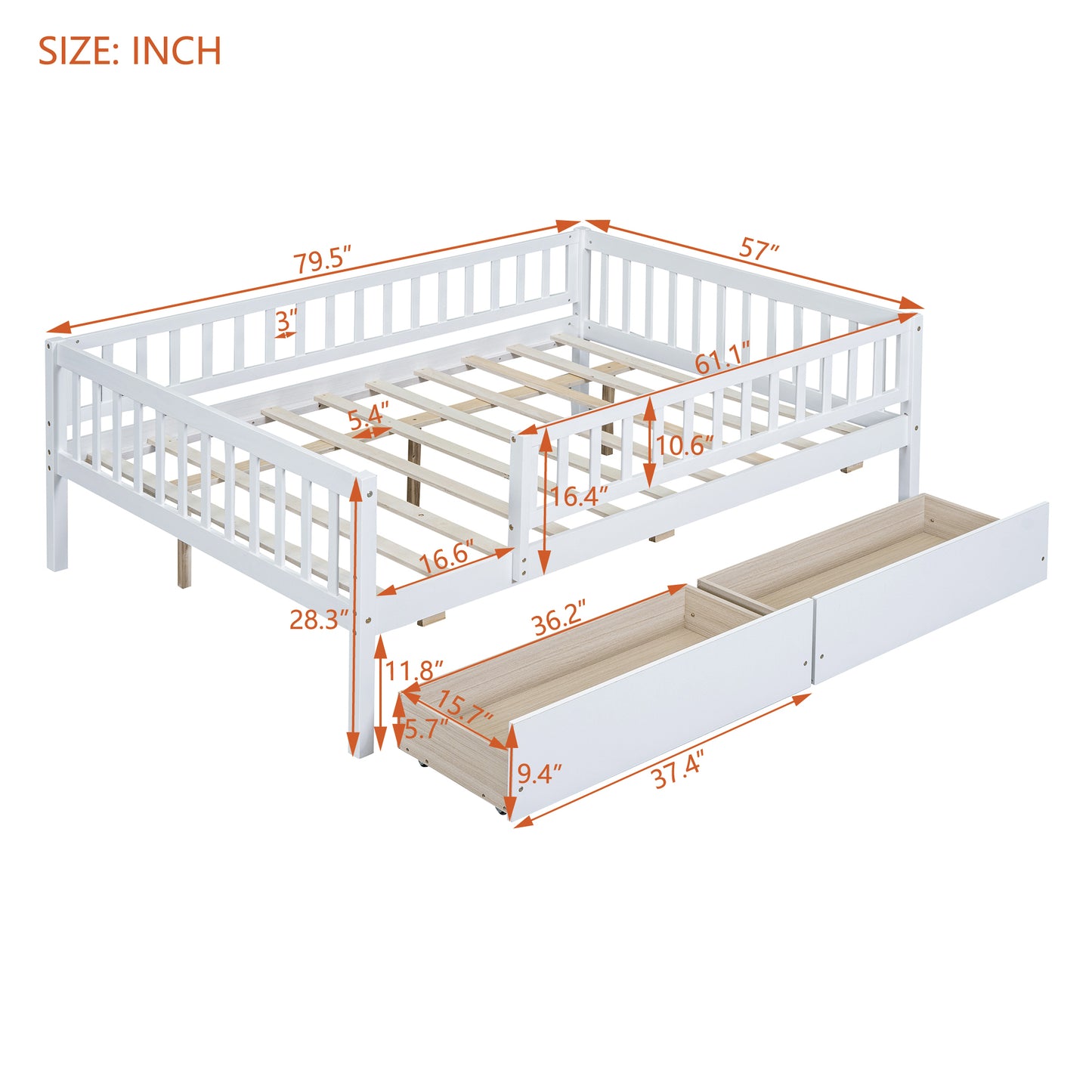 Full Size Daybed Wood Bed with Two Drawers , White