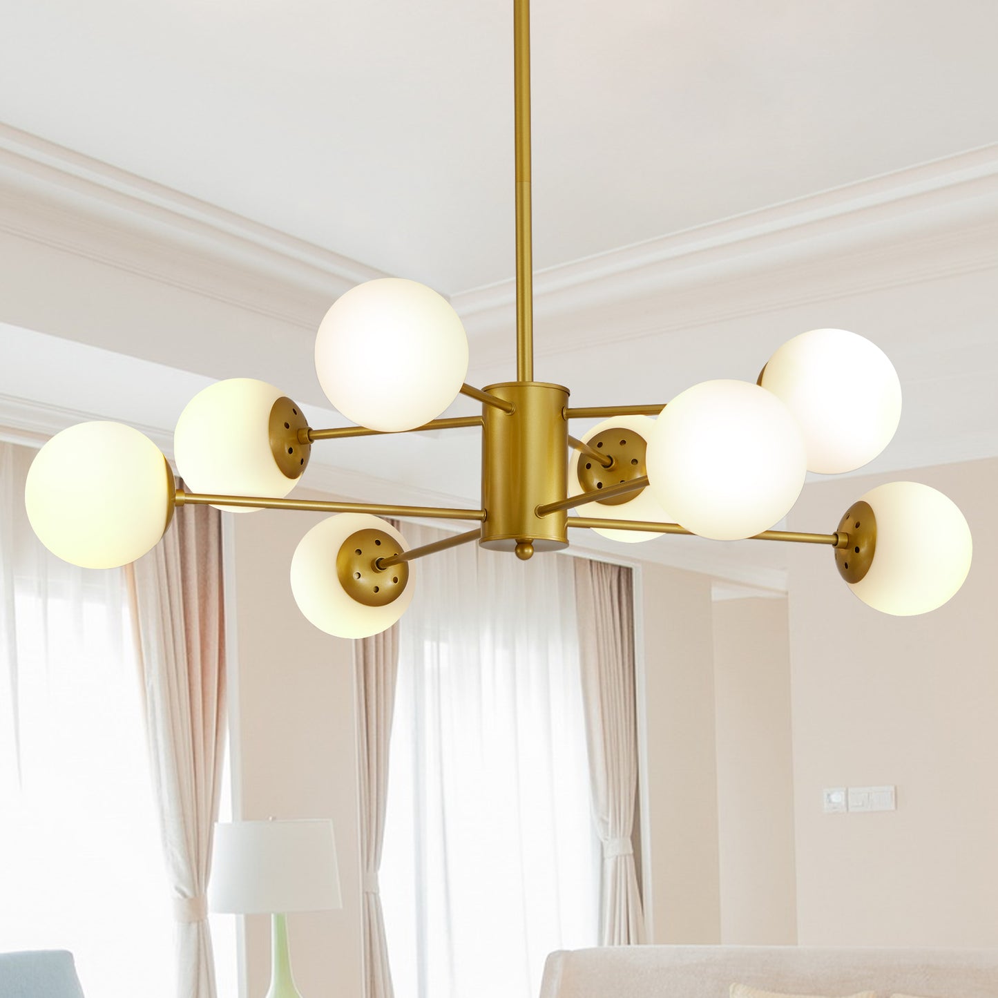 Modern 8-Light Gold Chandelier with White Glass Globe Shades, Mid-Century Branching Design, Elegant Ceiling Light Fixture for Dining Room, Living Room, or Bedroom (No Bulbs)