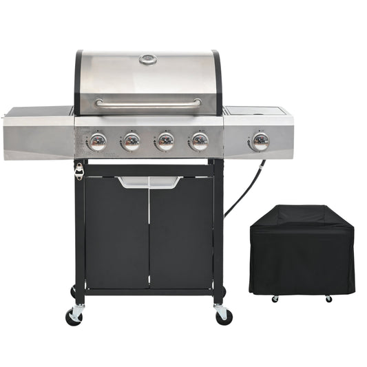 Propane Grill 4 Burner Barbecue Grill Stainless Steel Gas Grill with Side Burner and Cover for Outdoor BBQ, Camping SolidRoot Buy Furniture USA