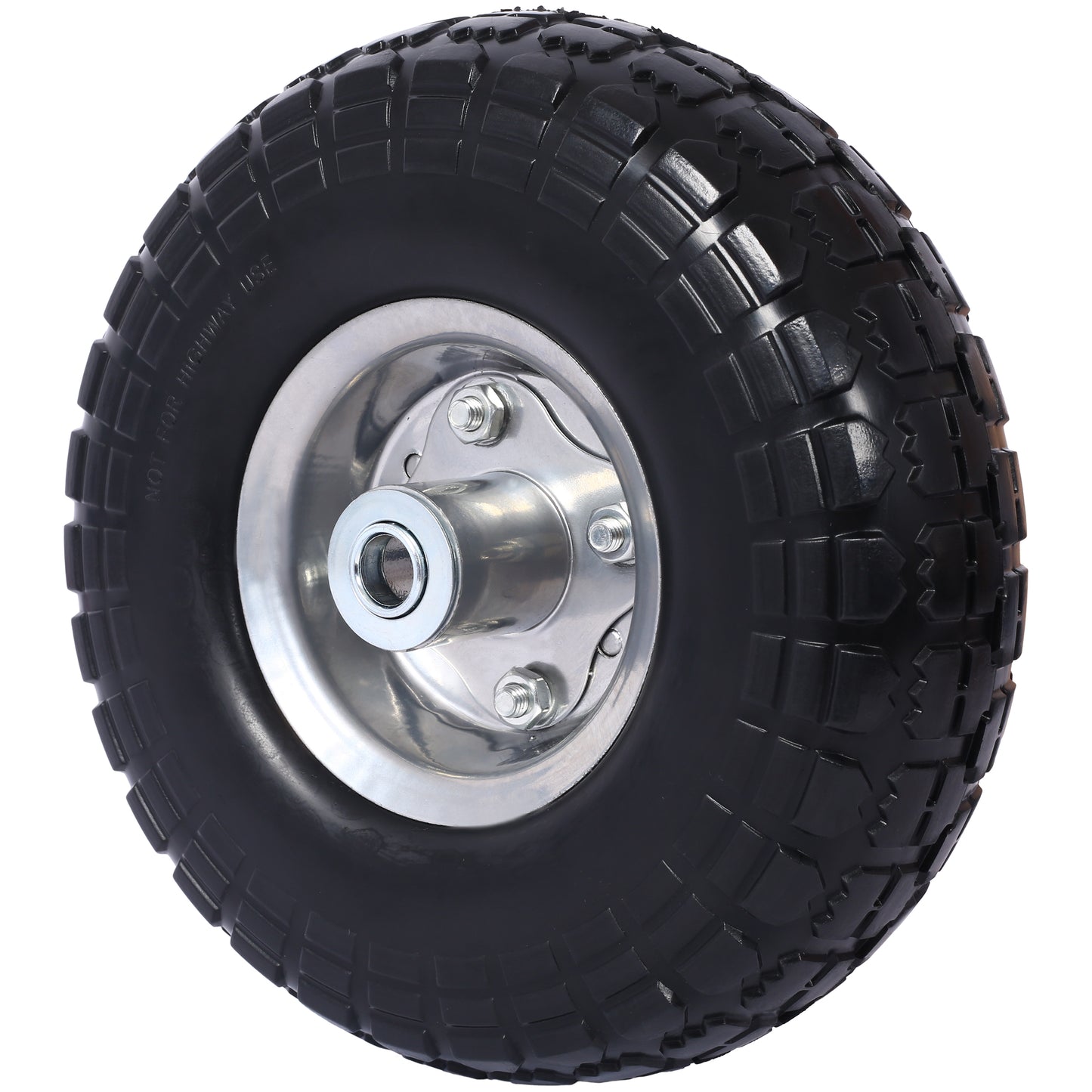 Heavy-Duty Flat free PU foam Tire and Wheel - 4.10/3.50-4",  10" Diameter, 5/8" Axle Bore Hole, 2.2" Offset Hub and Double Sealed Bearings for Hand Trucks Replacement, Black color with silver rim