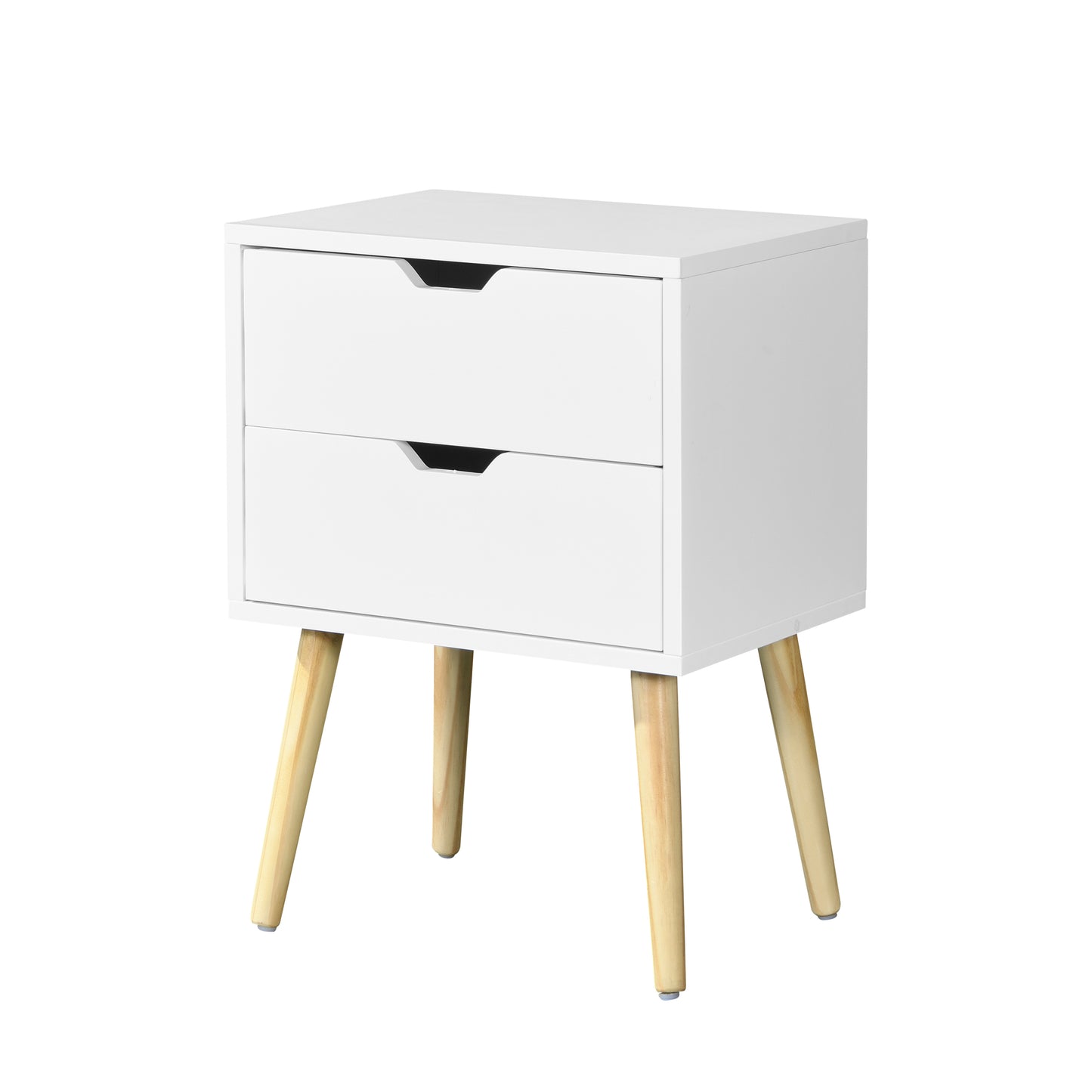 Side Table with 2 Drawer and Rubber Wood Legs, Mid-Century Modern Storage Cabinet for Bedroom Living Room Furniture, White