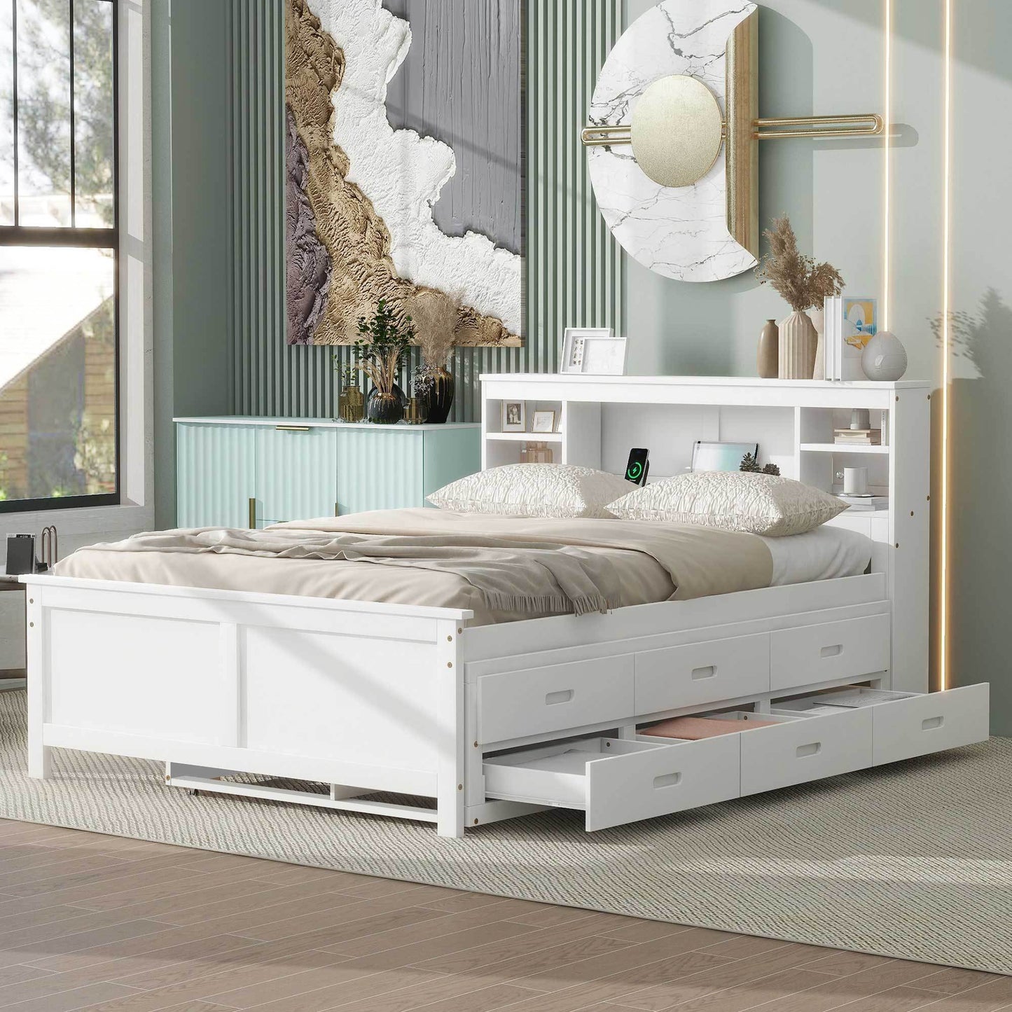 Full Size Platform Bed with Storage Headboard, USB, Twin Size Trundle and 3 Drawers, White