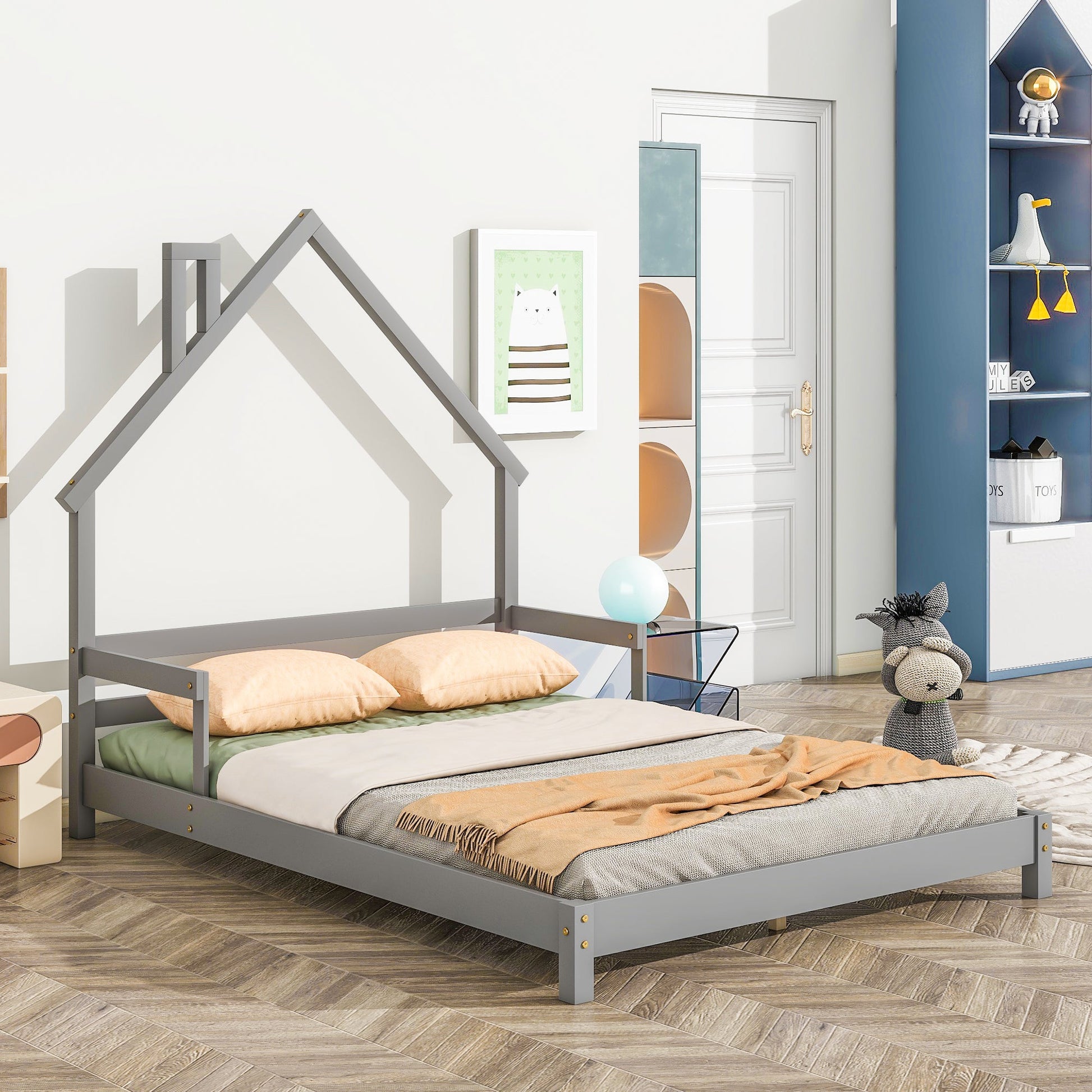 Full House-Shaped Headboard Bed with Handrails ,slats ,Grey SolidRoot Buy Furniture USA