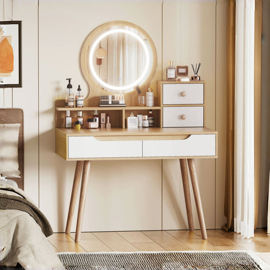 Makeup Vanity Desk with 3 Adjustable Lighted Mirror with solid wood table feet , Dressing Table Set with 4 drawers and 3 open shelves  for Small space Bedroom SolidRoot Buy Furniture USA