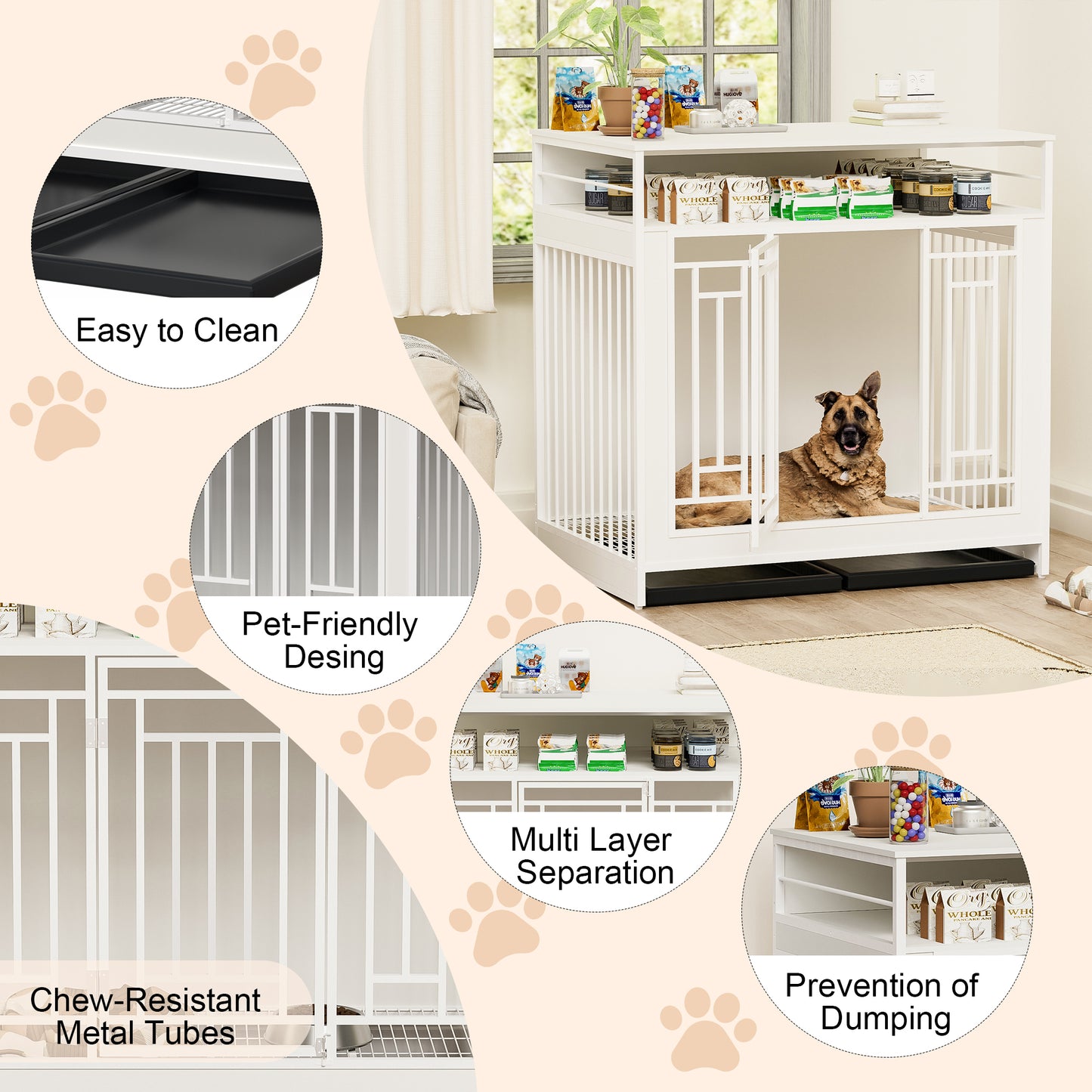 43.3 inch Dog Crate Furniture for Large Dogs,Wooden Dog Crate with Divider,Double Door Dog Kennel with Three Drawers Storages,Heavy Duty Dogs Decorative Pet House for Large Medium Dogs ,White