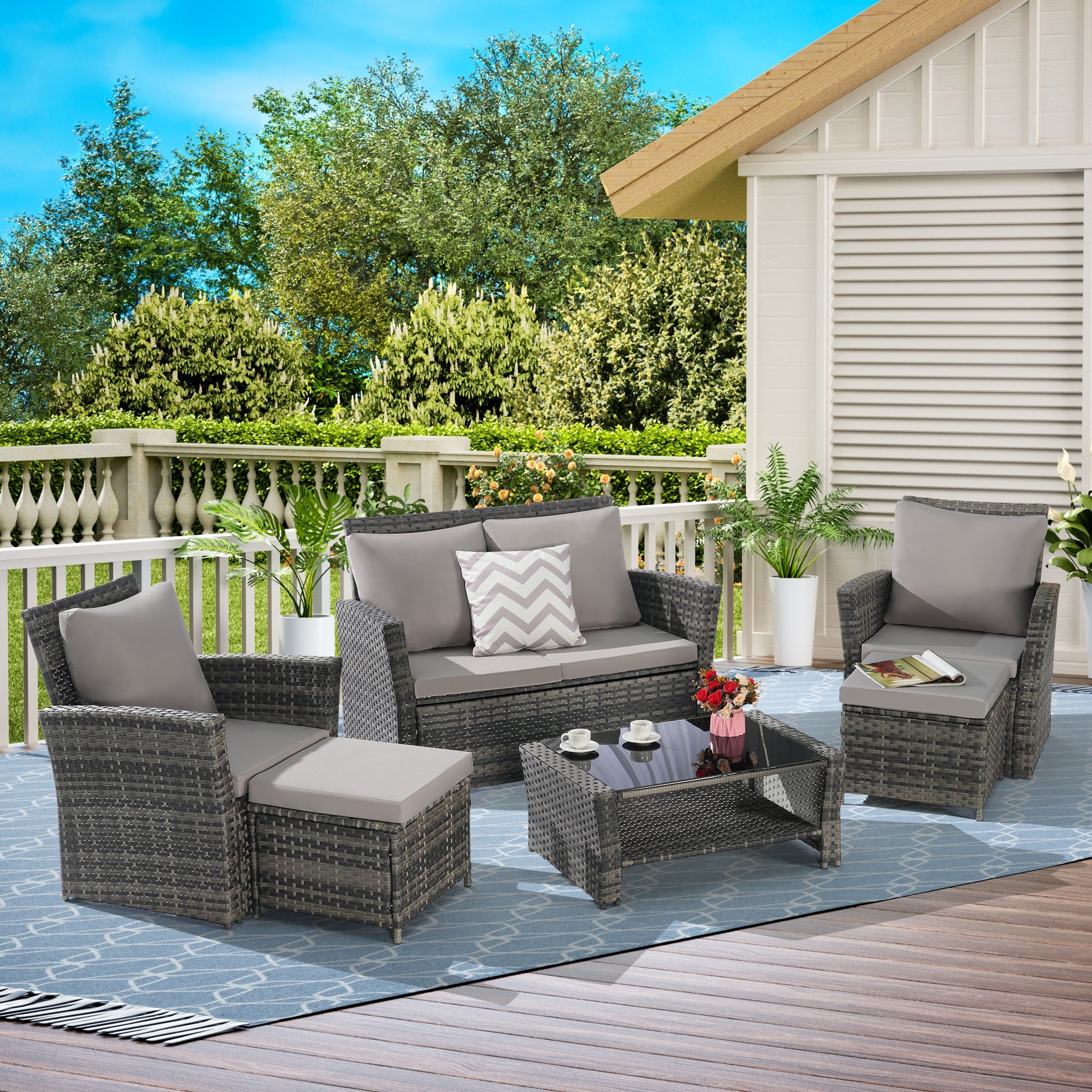 6 Piece Wicker Patio Furniture Sets with Ottoman & Tempered Glass Coffee Table SolidRoot Buy Furniture USA