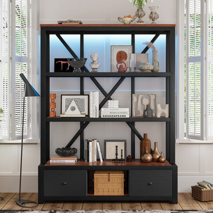 3-Shelf Metal Bookcase with Drawers for Home Office, Open Bookcase, Vintage Industrial Style Bookcase with LED, Walnut Color SolidRoot Buy Furniture USA
