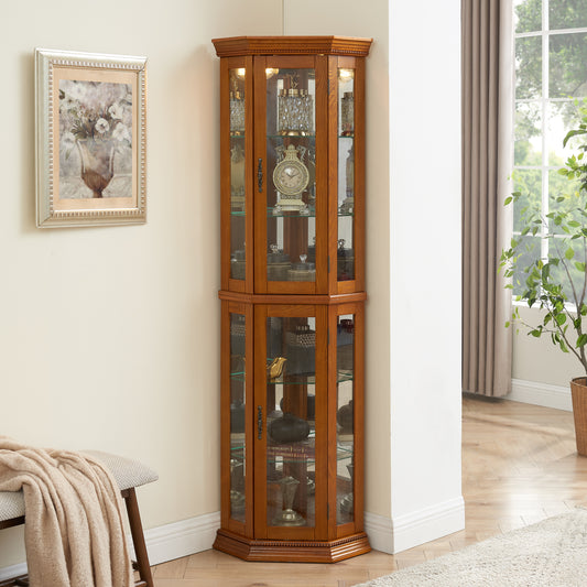 Corner Curio Cabinet with Lights, Adjustable Tempered Glass Shelves, Mirrored Back, Display Cabinet,Oak (E26 light bulb not included)