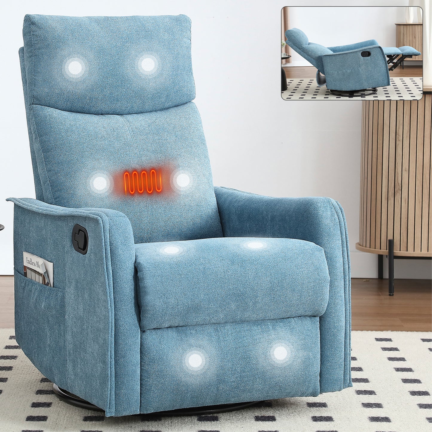 Heat Massage Manual Recliner Chair with Rocker and Swivel in Fabric for Living Room, Blue