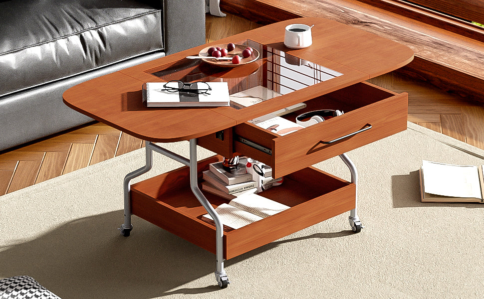 Modern Extended Coffee Table with Wheels, Folding Coffee Table with 1 drawer and 2-Tier Storage, Metal Frame Coffee Table for Living Room