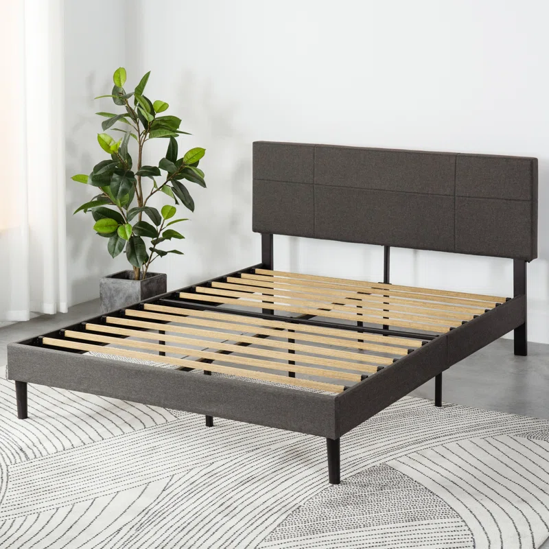 Denna Upholstered Standard Bed Dark Grey W/Slats, Queen