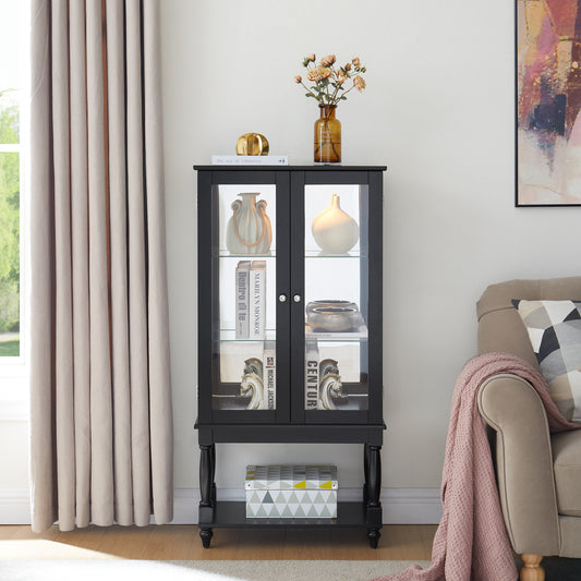 Curio Cabinet Lighted Curio Display Cabinet with Open Storage Space,Solid Wood Legs and adjustable Shelves, Acrylic Mirrored Back Panel, Tempered Glass Doors,3 Tier and one open space(E26 light bulb n Livingsource