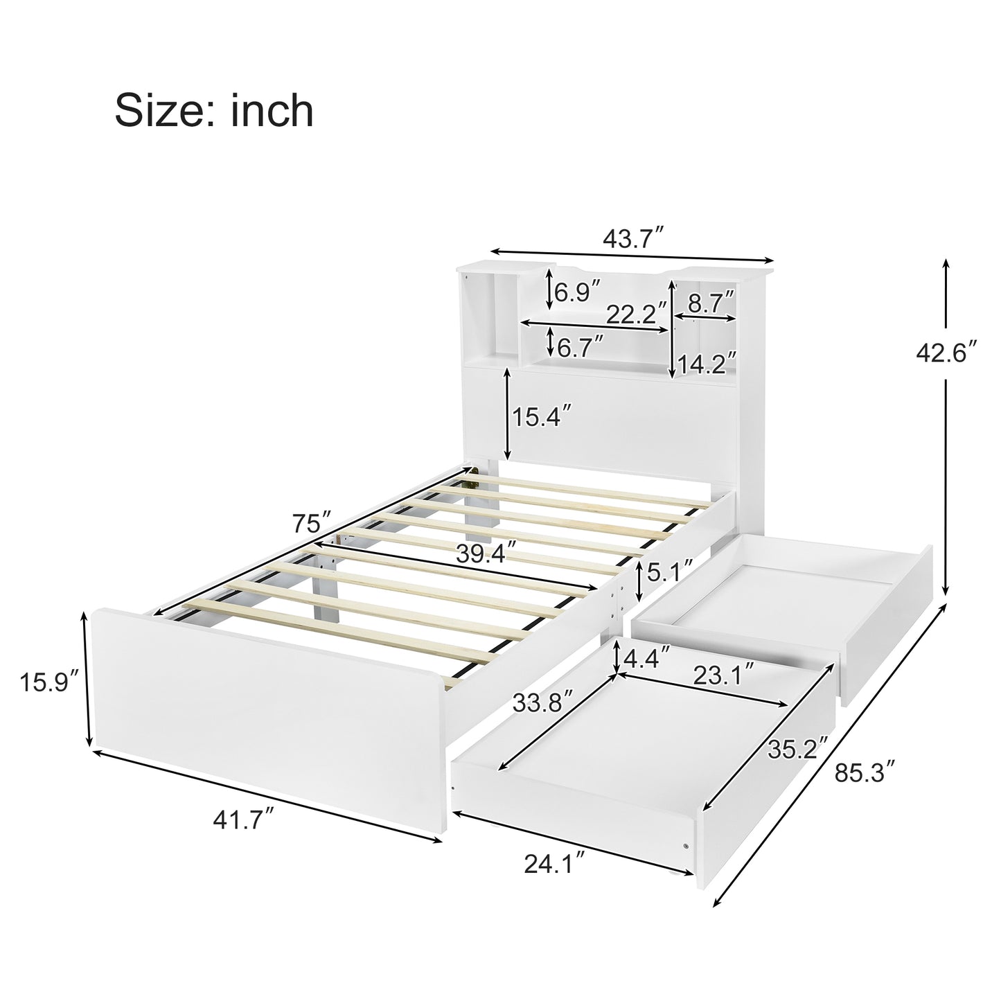 Twin Size Storage Platform Bed Frame with 4 Open Storage Shelves and 2 Storage Drawers,LED Light,White