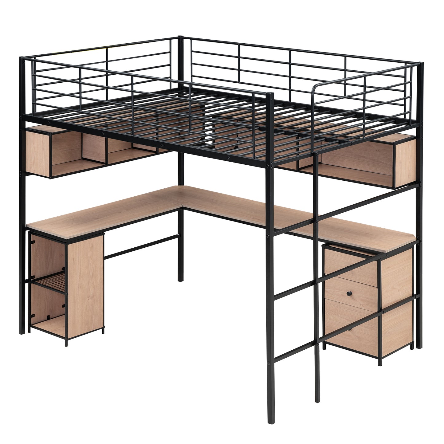 Metal Loft Bed with bookcase, desk and cabinet, Full, Black