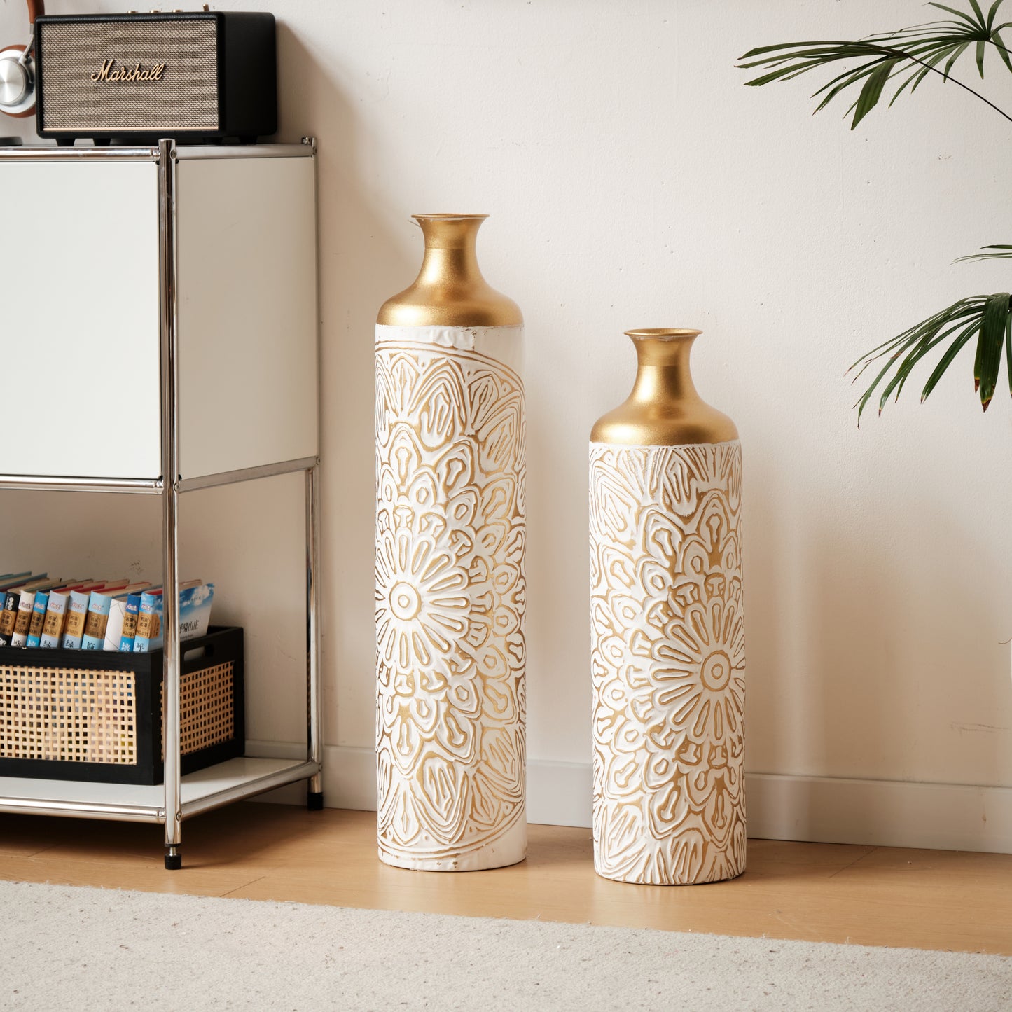 Floor Metal Vases Decorated White Metal vases Set of 2 gorgeous home decoration large glazed metal vases 24in/29.53in.height