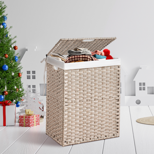EVG Laundry Hamper With Lid PE Rattan Powder Coating Frame Clothes Hampers with 01 Removable Bags, 100L, Gray Color - SolidRoot Buy Furniture USA