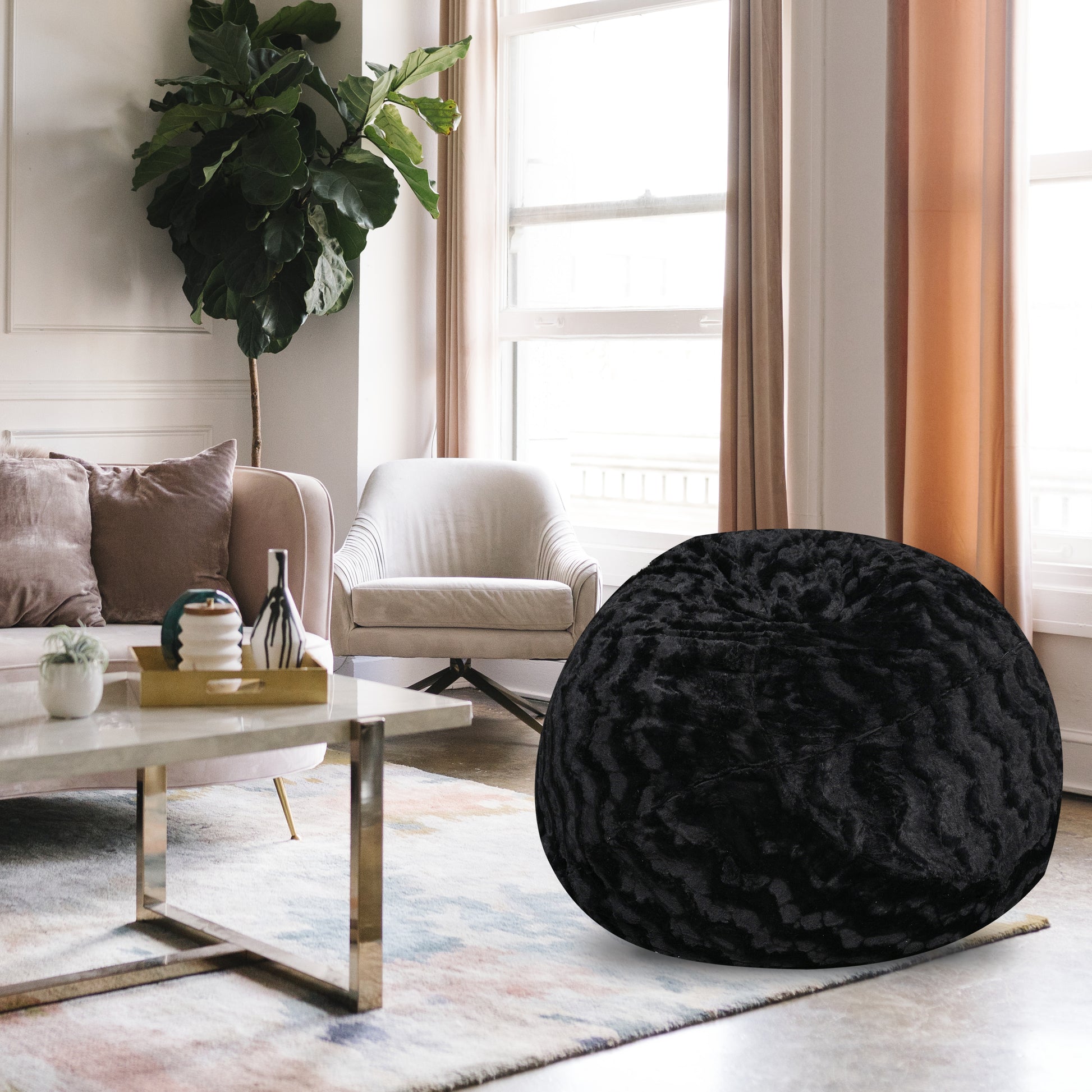 Faux Fur Bean Bag Chair, Black-5ft Cozy and Stretchable Fabric Lounger for Children and Adults with Easy-Clean Cover, Comfortable Faux Fur Seating for Bedrooms, Filled with Shredded and Memory Foam. SolidRoot Buy Furniture USA