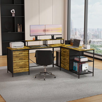 114' L-shaped Desk with Power Hub, Industrial Gaming Desk - 6 Drawers, Removable Monitor Stand, Rustic Brown Home Office