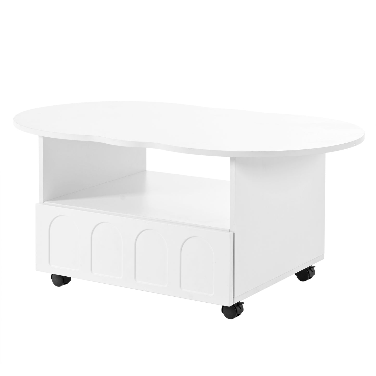 ON-TREND Flexible Cream Style Coffee Table with 2 Brake Wheels, Cloud Top Side Table with Drawer, Irregular Center Table with Large Storage for Living Room, White, 39.37''x 23.6''