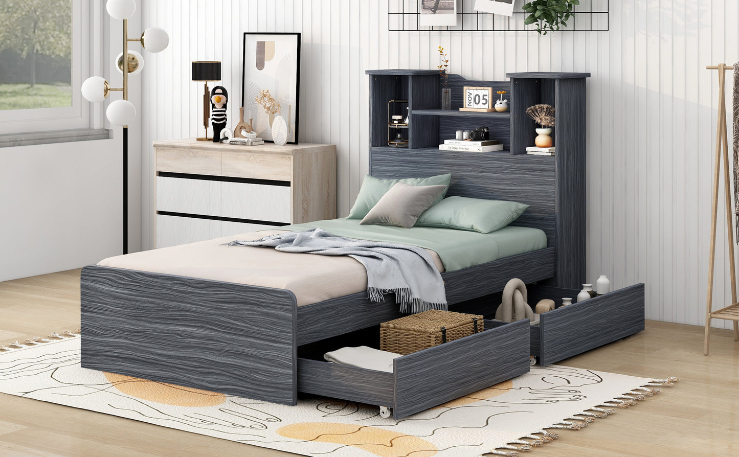 Twin Size Storage Platform Bed Frame with 4 Open Storage Shelves and 2 Storage Drawers,LED Light,Gray