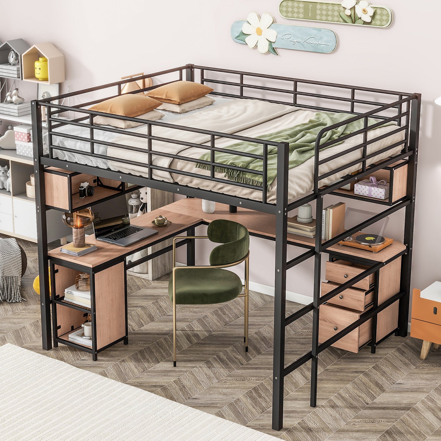 Metal Loft Bed with bookcase, desk and cabinet, Full, Black