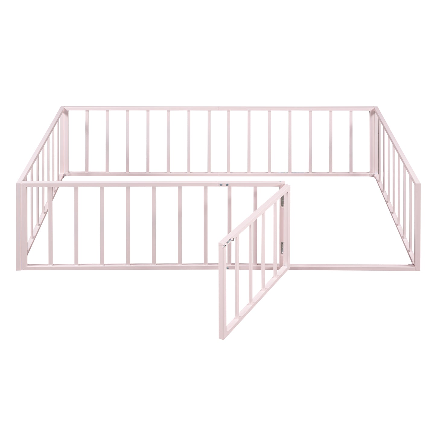 Twin Size Metal Floor Bed Frame with Fence and Door, Pink