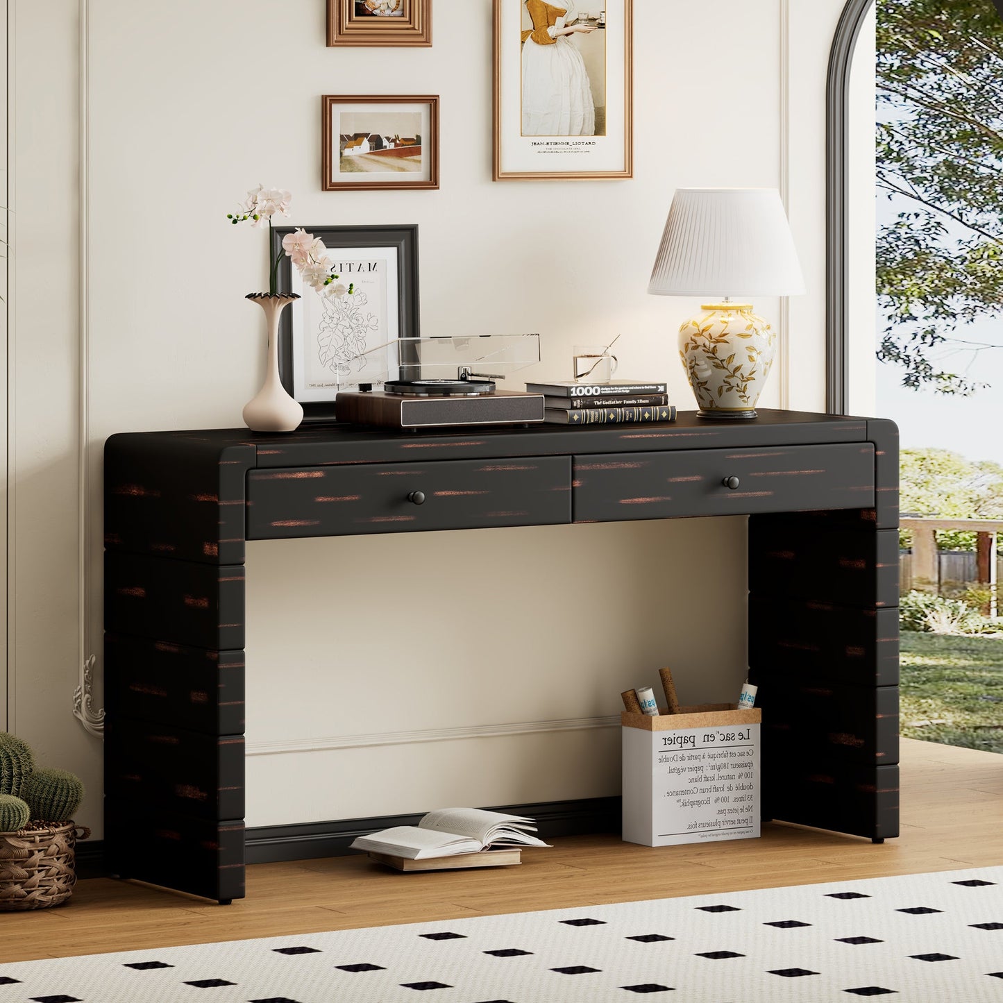 TREXM Curved Console Table with Storage, Wooden Entryway Table with 2 Drawers, Farmhouse Rustic Console Tables for Entryway, Hallway, Living Room, Distressed Black SolidRoot Buy Furniture USA