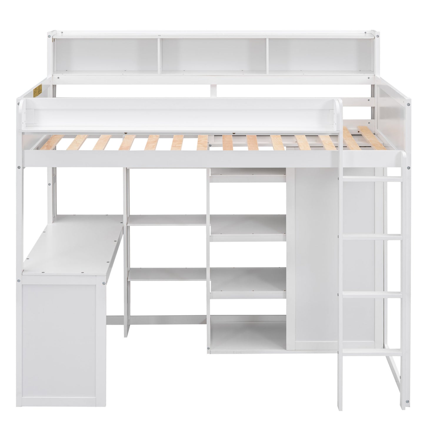 Wood Twin Size Loft bed with Multiple Storage Shelves and Wardrobe, White