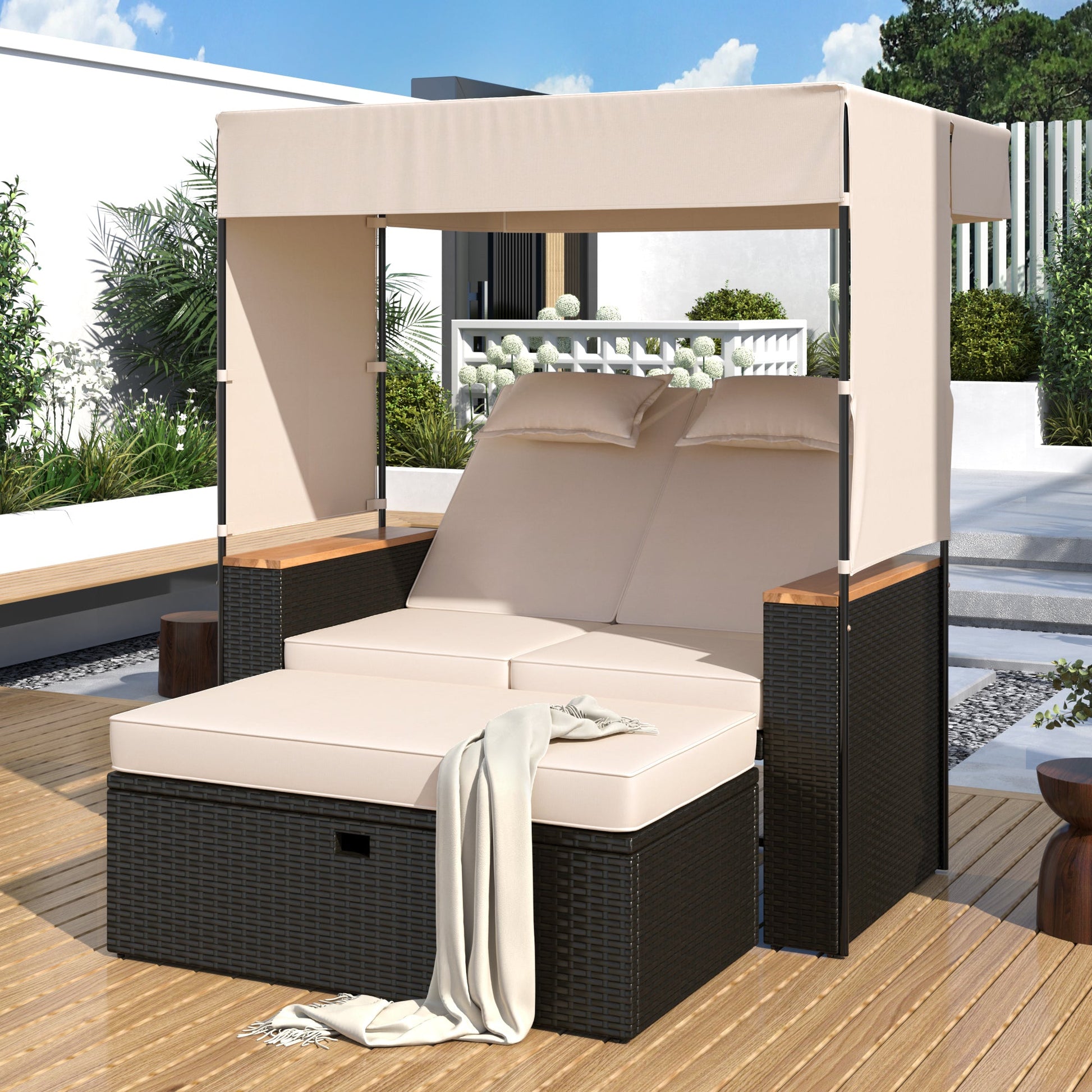 TREXM 2-Piece Outdoor Rattan Daybed, Outdoor Bed with 5 Positions, Outdoor Loveseat Patio Sofa with Bench Lounge Roof Set and Cushions for Poolside, Backyard and Garden (Brown Wicker + Beige Fabric) SolidRoot Buy Furniture USA
