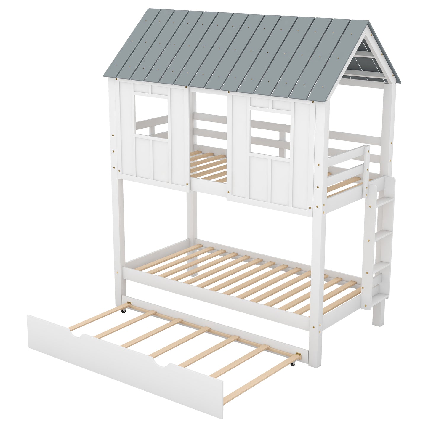 House Bunk Bed with Trundle,Roof and Windows,White(OLD SKU:GX000705AAK)