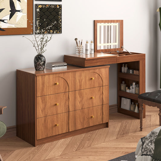 Vanity Desk with Mirror and Lights, Makeup Vanity Table with Flip-Top Tabletop and Storage 7 Drawers, 9 Compartments, 3 Shelves, 3 Color Modes Adjustable Makeup Table for Bedroom, Walnut SolidRoot Buy Furniture USA