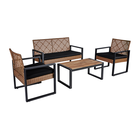 4-Piece Patio Furniture Set Outdoor Balcony Porch Garden Backyard Lawn Furniture Acacia Wood Table Top, Morden Black and Light Brown - SolidRoot Buy Furniture USA