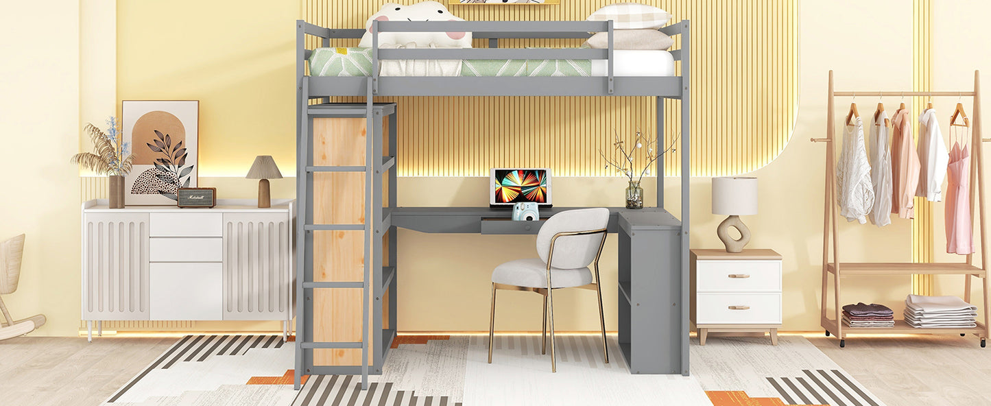 Full Size Loft Bed with Ladder, Shelves, and Desk, Gray(OLD SKU:LT100226AAE)