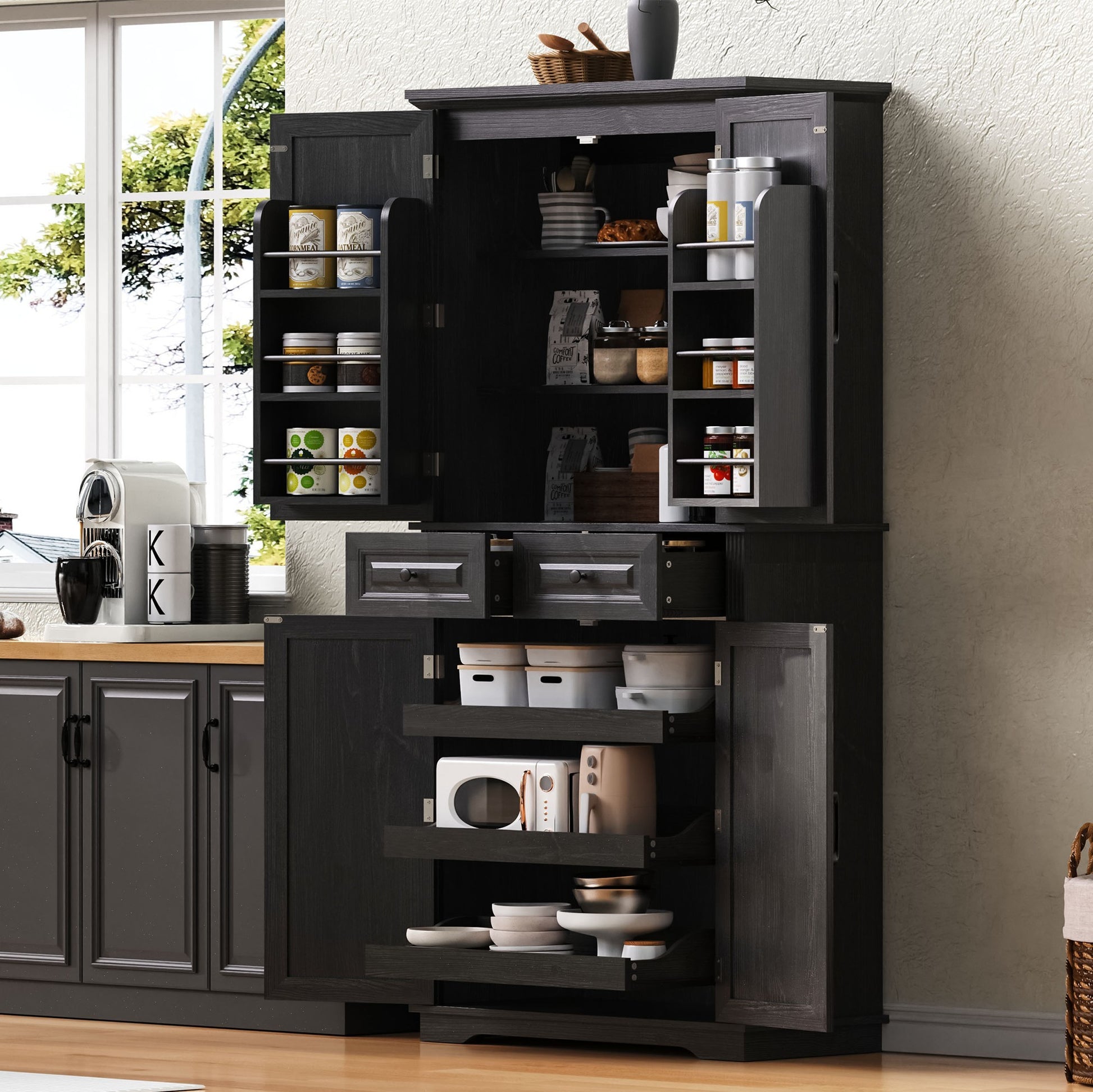 K&K 71' Tall Kitchen Pantry Cabinet with 3 Pull Out Cabinet Organizers, Farmhouse Embossed Texture Storage Cabinet with 6 Door Shelves, 2 Drawers, Freestanding Cupboard for Kitchen, Dining Room Black SolidRoot Buy Furniture USA