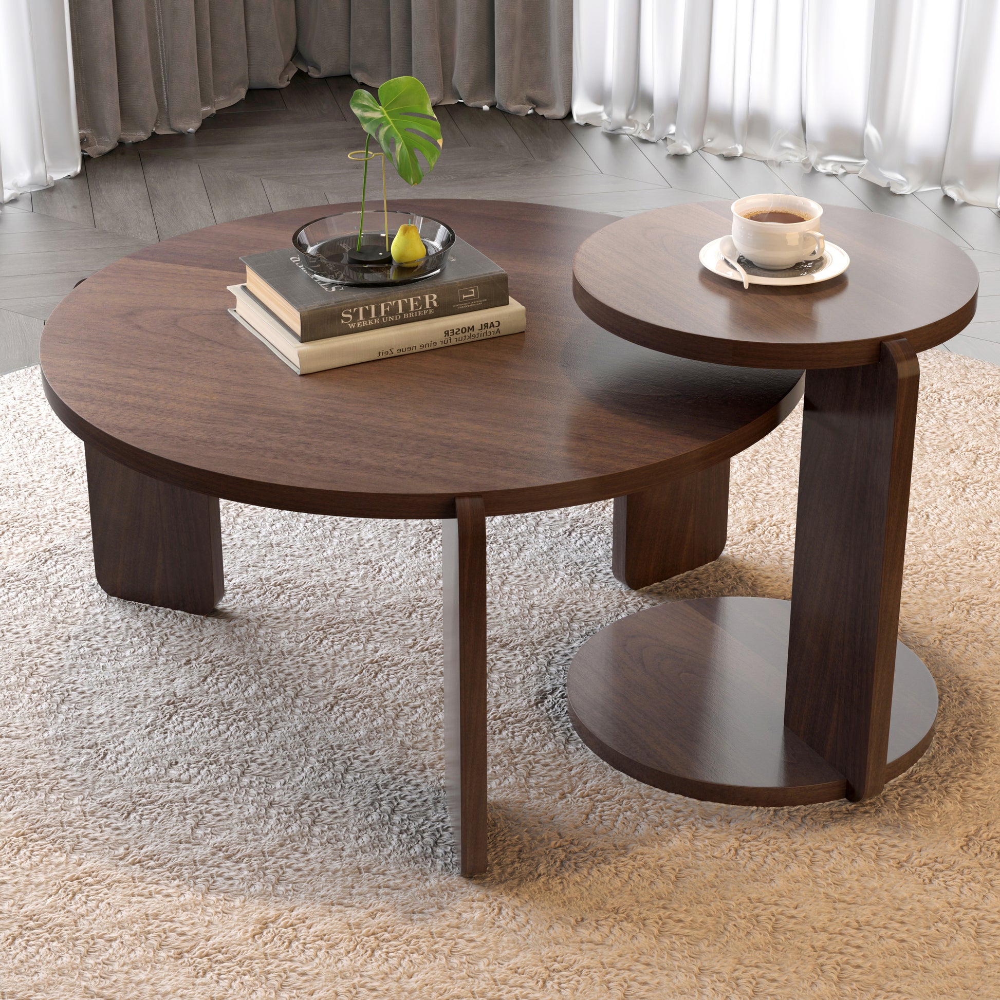 32.68 inch Nesting round wood coffee table with end table set of 2, walnut veneer top with water and wear-resisting PU painting side table for living room, study room SolidRoot Buy Furniture USA