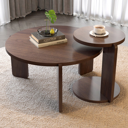 32.68 inch Nesting round wood coffee table with end table set of 2, walnut veneer top with water and wear-resisting PU painting side table for living room, study room SolidRoot Buy Furniture USA