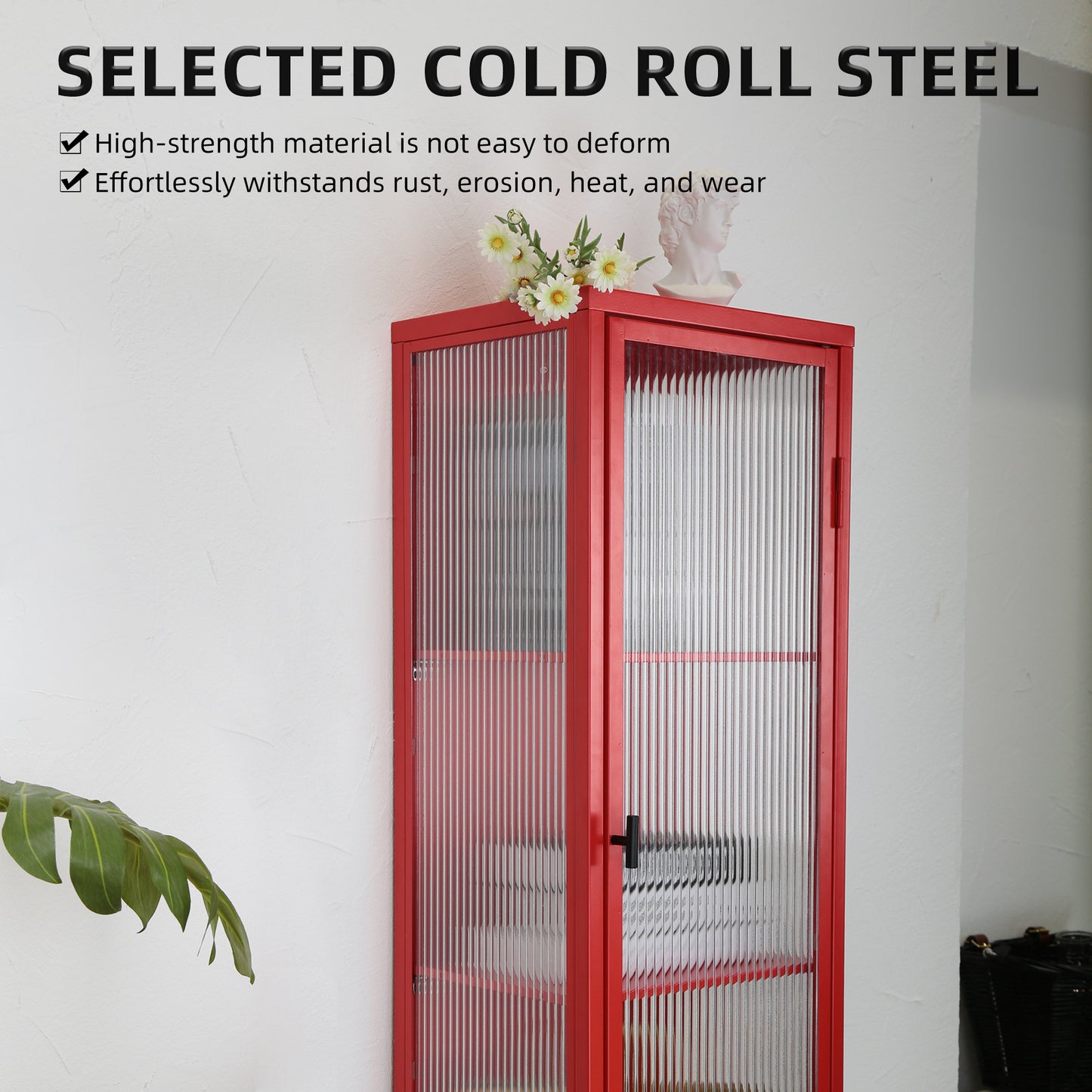 Retro Style Freestanding Metal Tall Display Cupboard with Glass Door and Three Detachable Shelves for Office, Living Room, Kitchen Console Sideboard,Bedside Entryway RED (OLD SKU:W68751719)