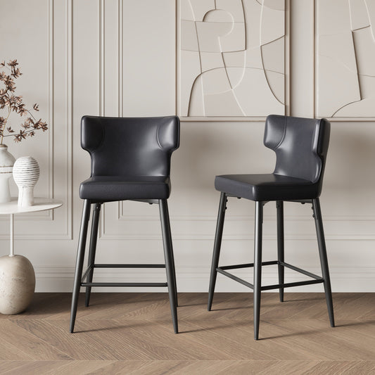 28inch Counter Height Bar Stools Set of 2, Modern Bar Upholstered Chairs with PU Leather, Metal Footrest and Frame for Kitchen Island, Bar Table, Dining Room, Black SolidRoot Buy Furniture USA
