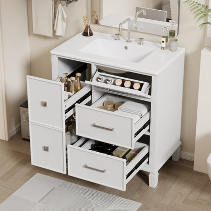 30 Inch Bathroom Vanity with Ceramic Sink, Flip-Out Drawer Design for Plumbing, Soft Close Drawers, White Painted MDF Cabinet with Solid Wood Legs SolidRoot Buy Furniture USA