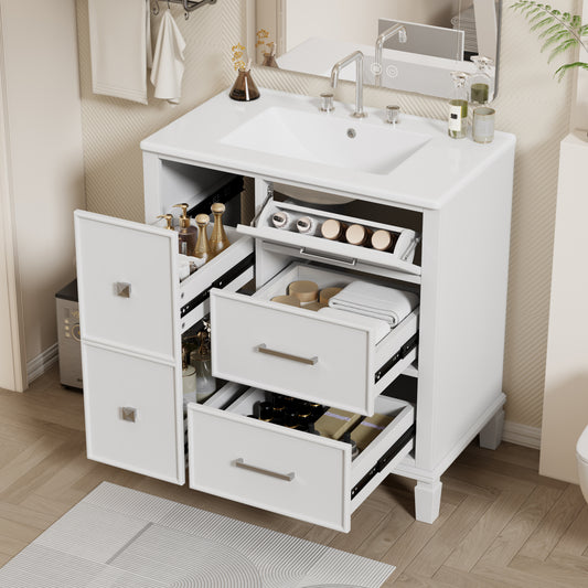 30 Inch Bathroom Vanity with Ceramic Sink, Flip-Out Drawer Design for Plumbing, Soft Close Drawers, White Painted MDF Cabinet with Solid Wood Legs SolidRoot Buy Furniture USA