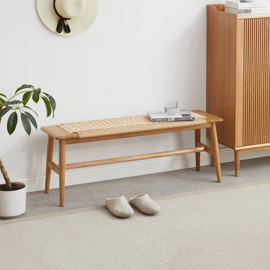 (1.2M) Woven Design Natural Oak Wood Dining Bench Bed Bench for Dining Room, Bedroom, Bathroom SolidRoot Buy Furniture USA